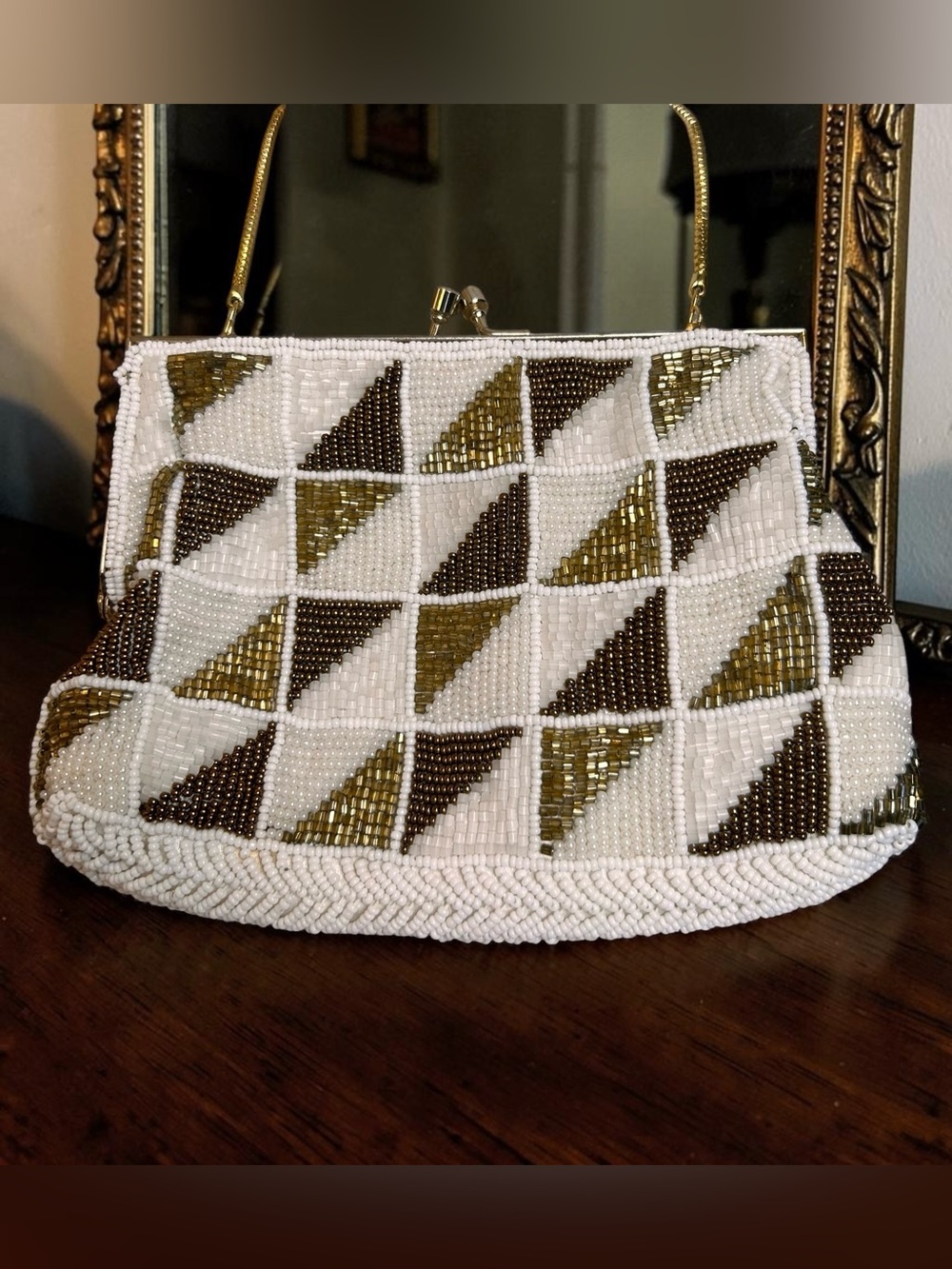 Vintage Hong Kong White Gold Bronze Beaded Evening Bag Geometric Kiss Lock